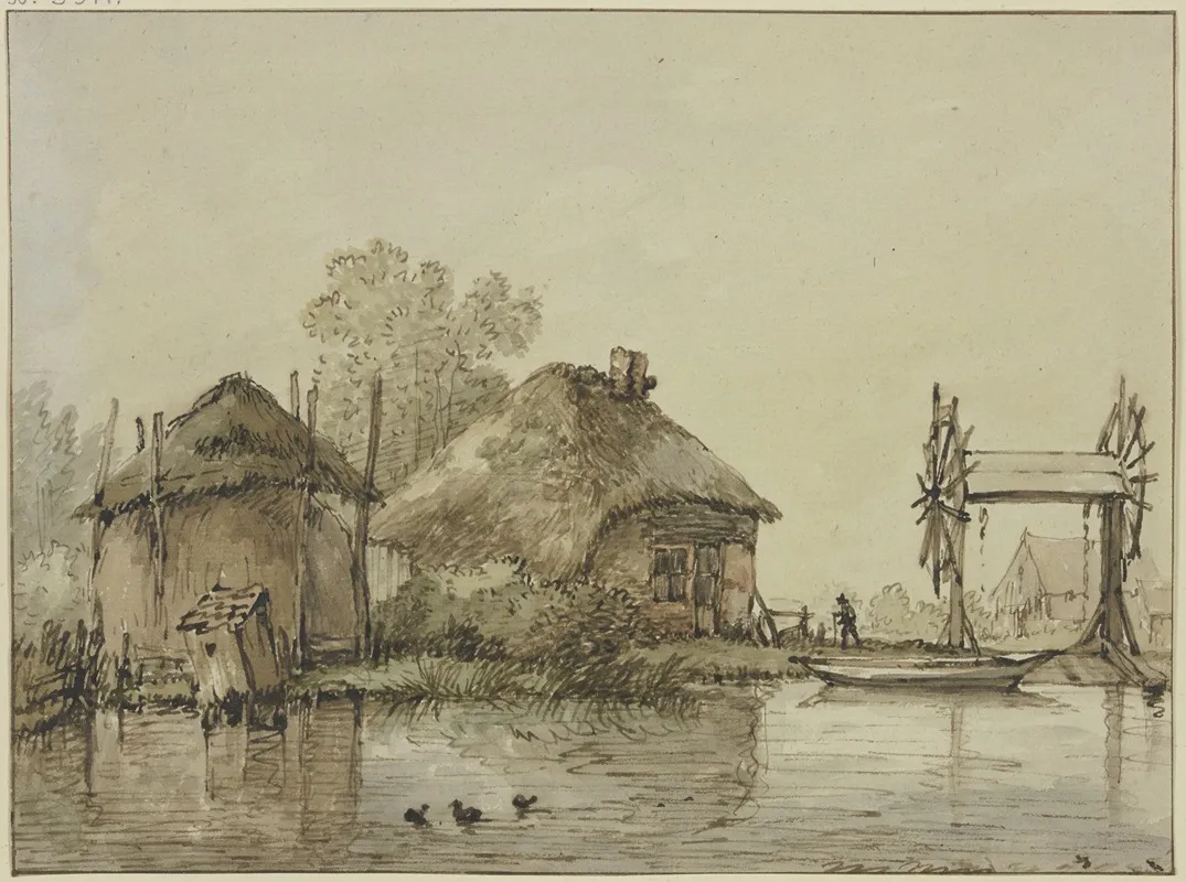 An Einem Kanal Ein Haus Mit Scheune Und Eine Schleuse Mit Zwei Radern