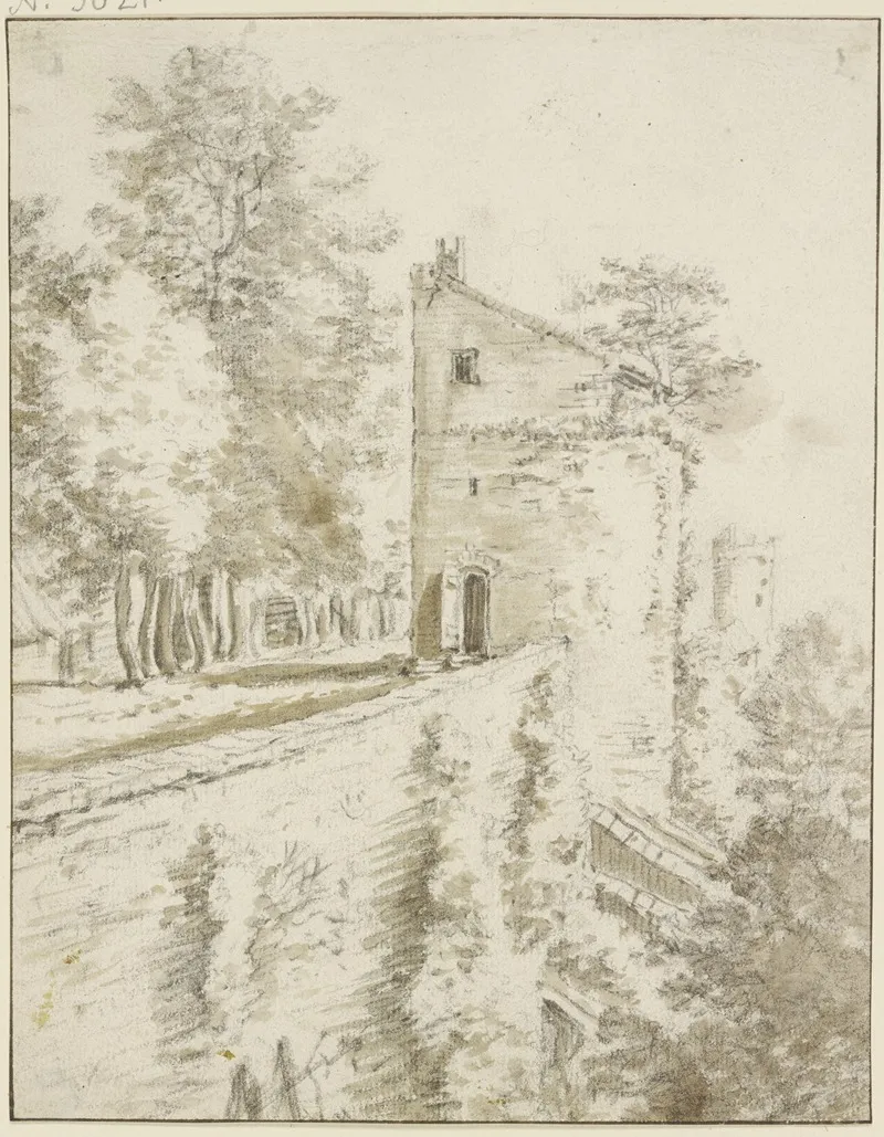 An Einer Hohen Mauer Ein Haus Auf Dem Ein Baumchen Wachst by Herman Saftleven III - Canvas Print
