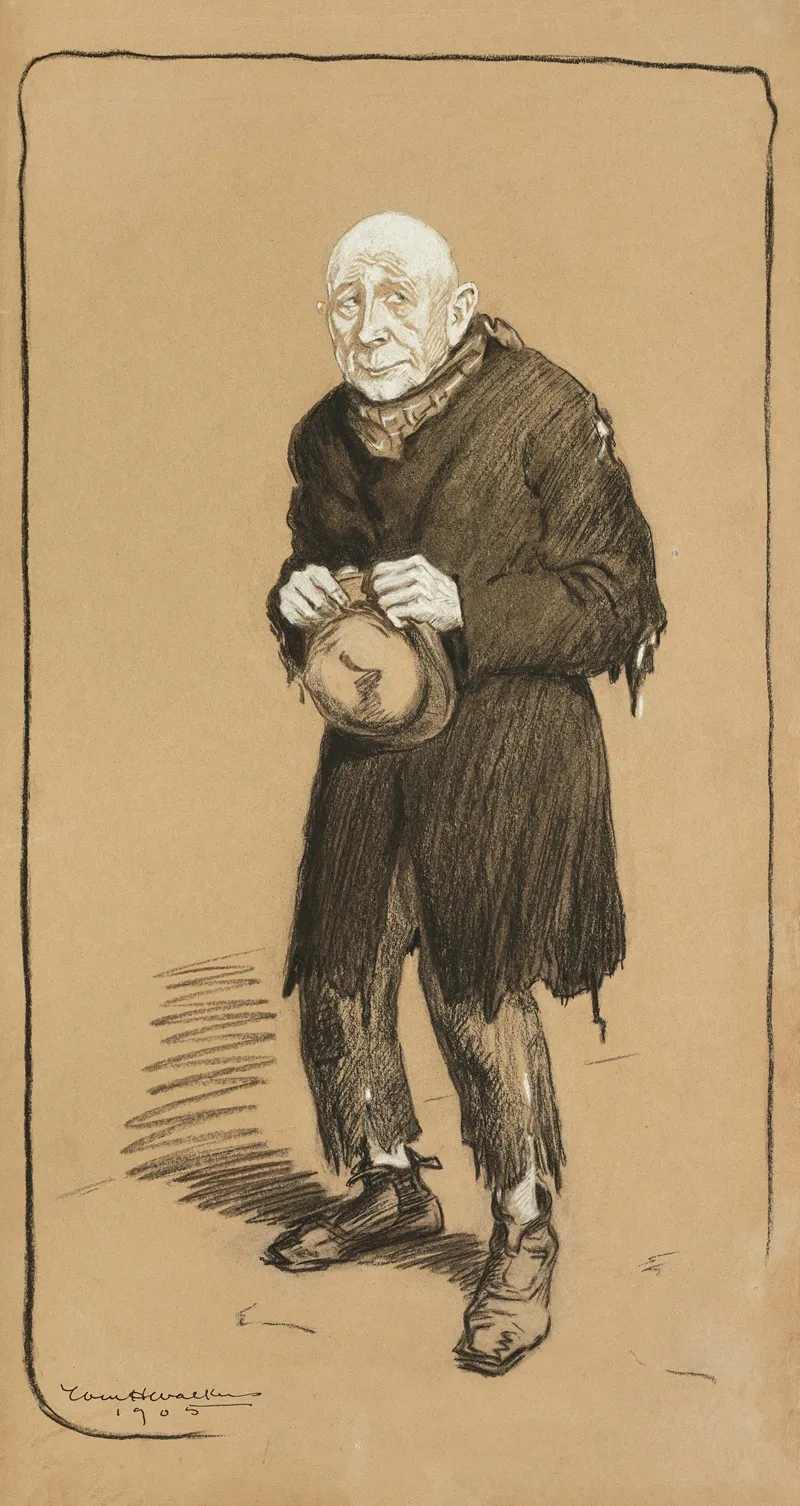 An Elderly Man Dressed In Ragged Clothes With His Hat In His Hand