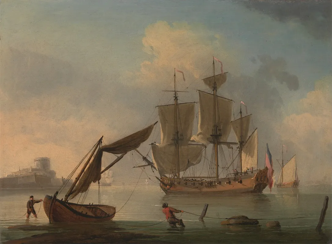 An English Sloop Becalmed Near The Shore by Francis Swaine - Canvas Print