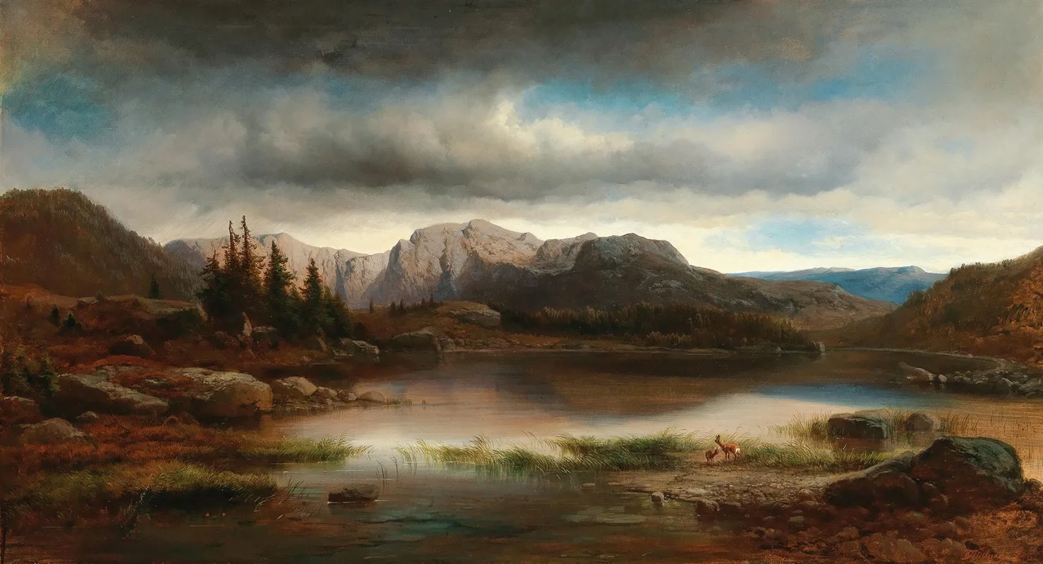 An Evening Landscape With A Mountain Lake by Carl Millner - Canvas Print