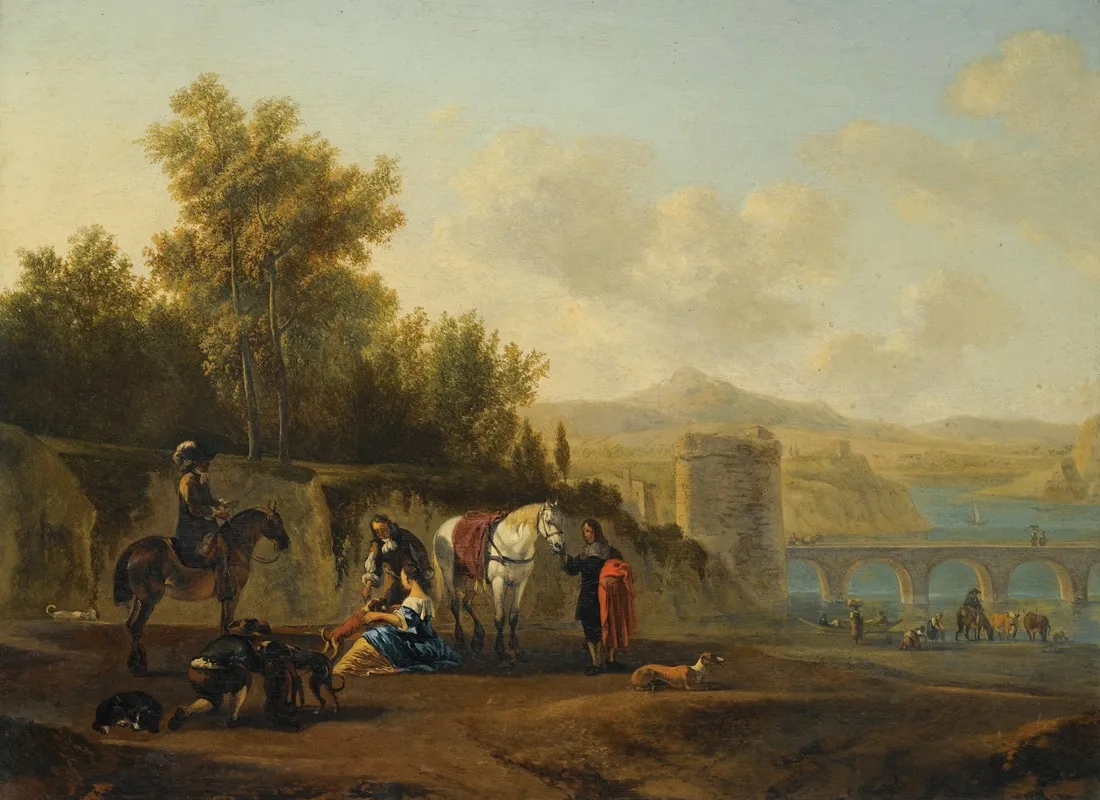 An Extensive Italianate River Landscape With Travellers Resting On A Path by Gerrit Adriaensz. Berckheyde - Canvas Print