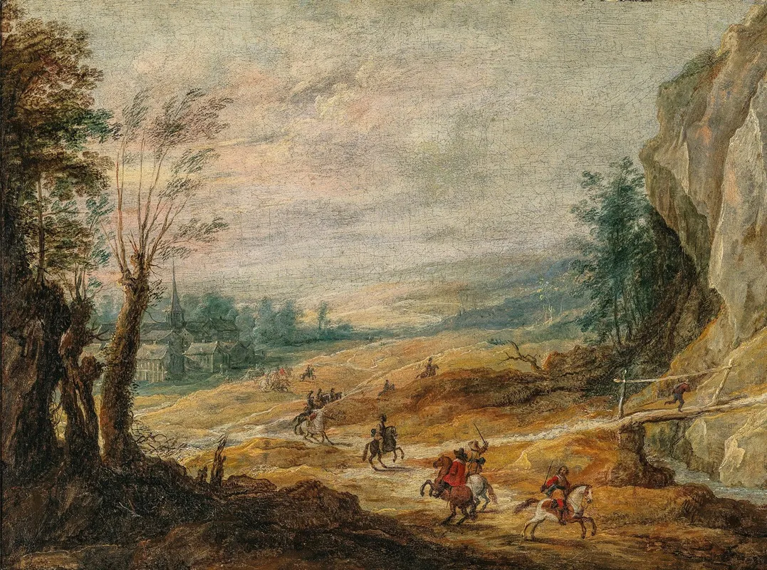 An Extensive Mountainous Landscape With Horsemen Chasing A Thief by Joos de Momper - Canvas Print