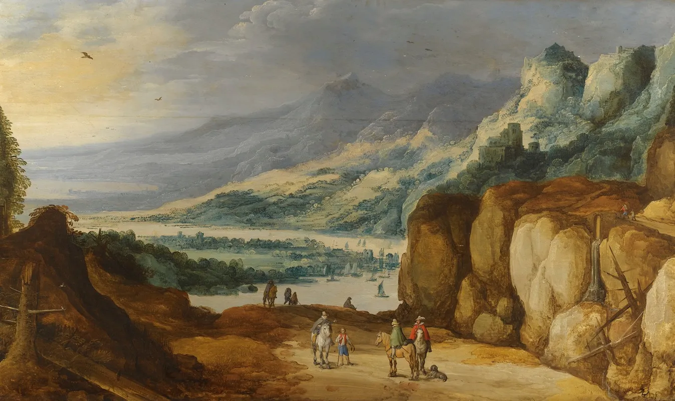 An Extensive Mountainous River Landscape With Horsemen Conversing On A Raised Plateau by Joos de Momper - Canvas Print