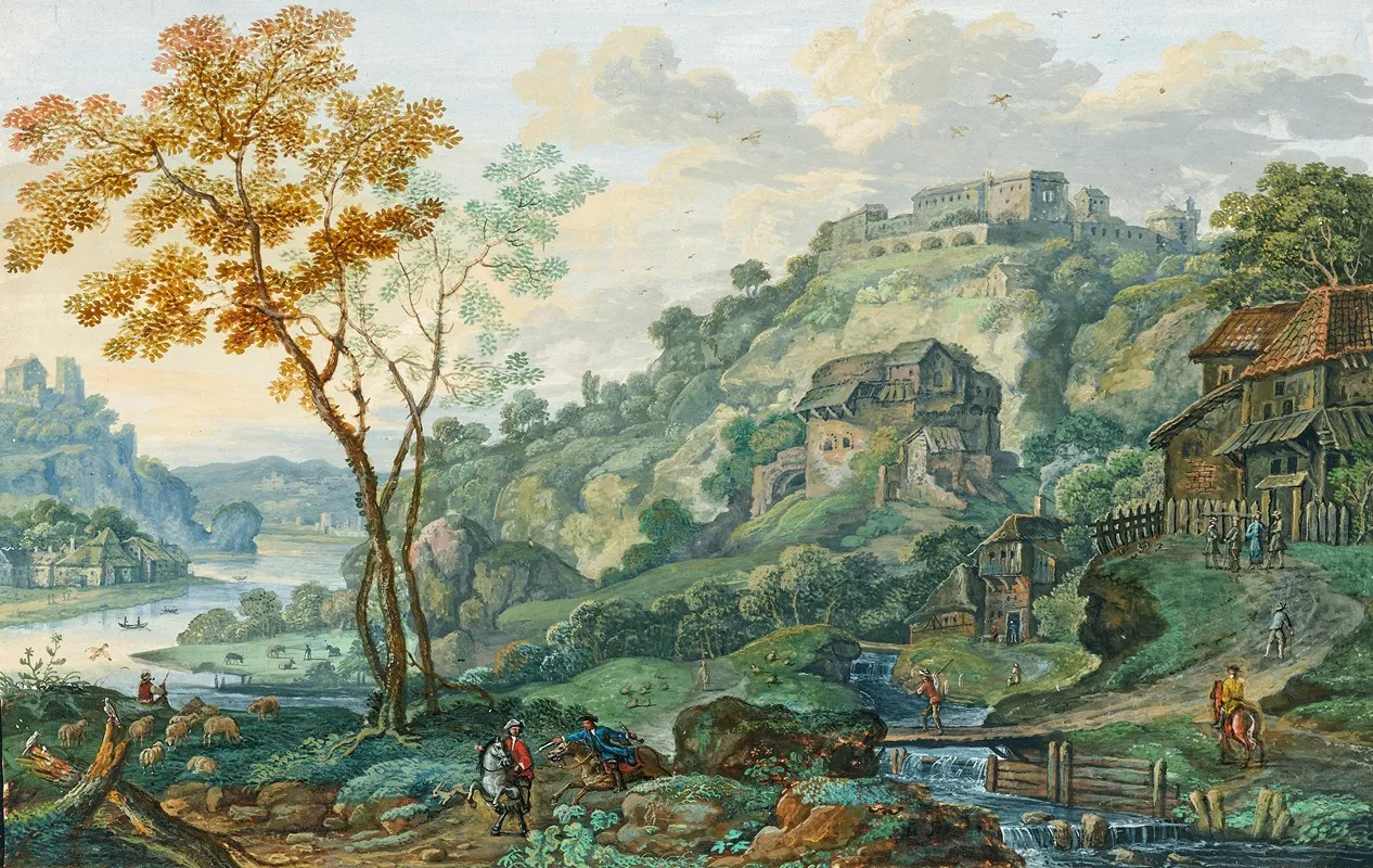 An Ideal Landscape With A River A Fortress And Horsemen