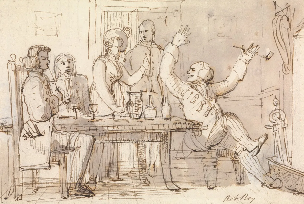 An Illustration To Rob Roy Interior With A Party Drinking by William Henry Pyne - Canvas Print