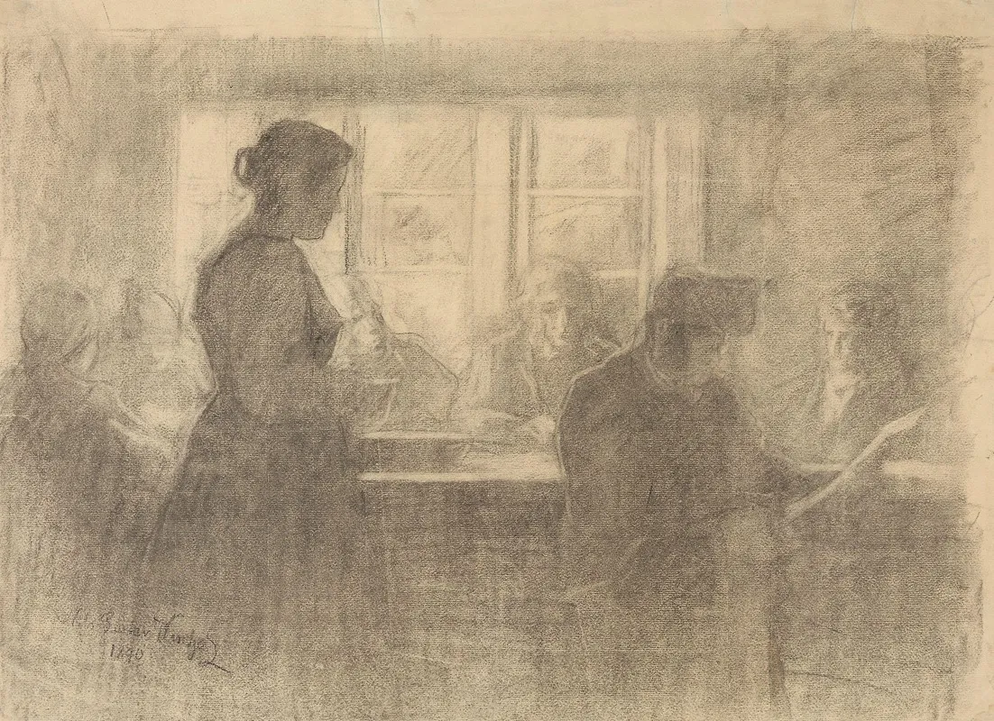 An Interior With Figures Around A Table by Gustav Wentzel - Canvas Print