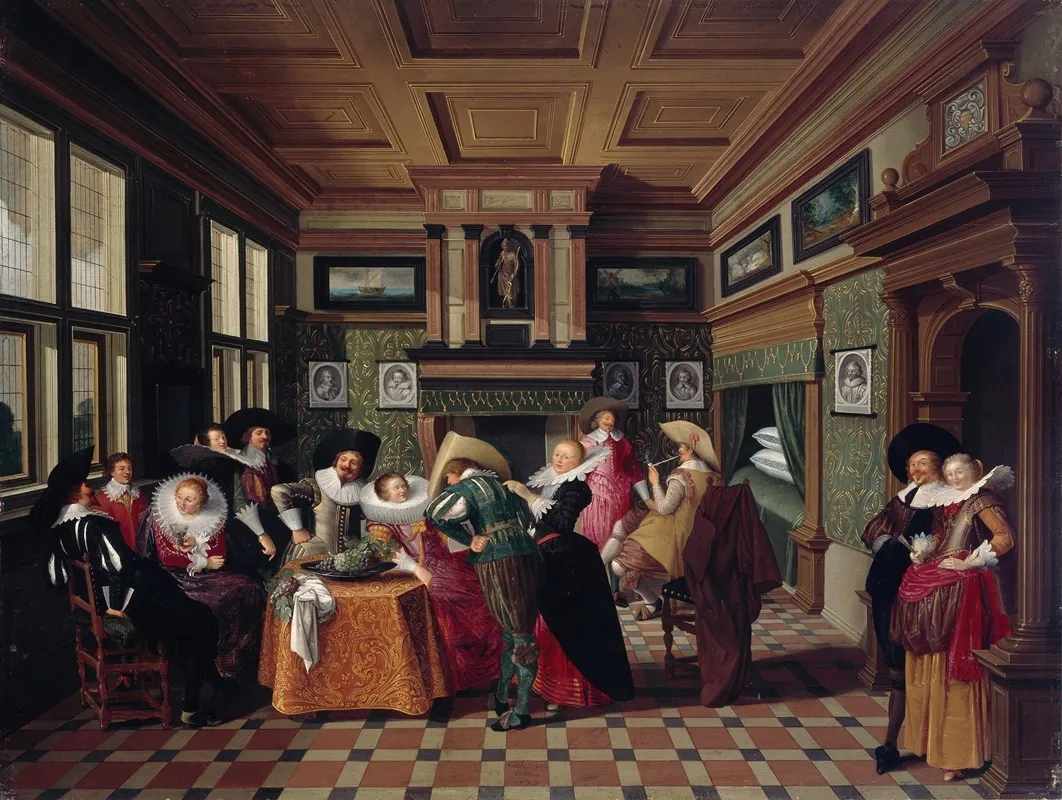 An Interior With Ladies And Cavaliers by Dirck Van Delen - Canvas Print