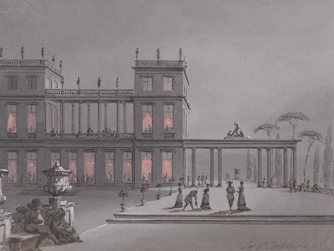 An Italian Fete Figures On Terrace Of A Palazzo