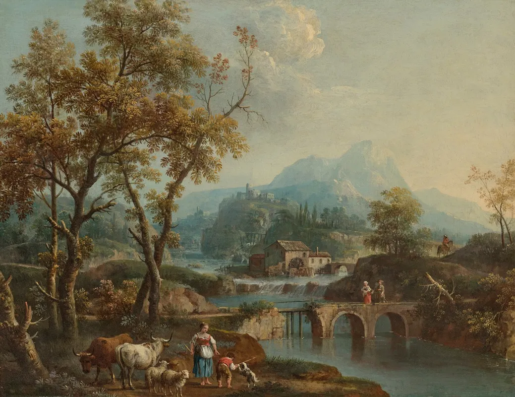 An Italianate Lake Landscape With Travellers Crossing A Bridge A Lakeside Town Beyond by Giovanni Battista Cimaroli - Canvas Print