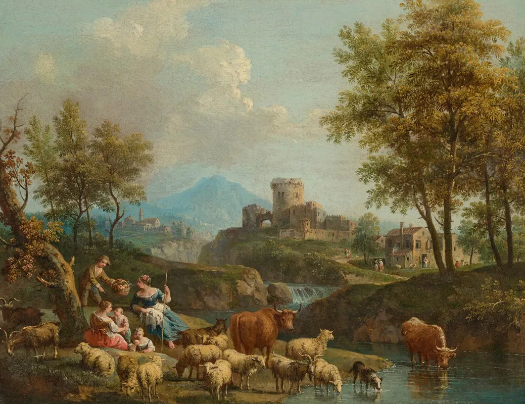 An Italianate River Landscape With Drovers And Cattle On A Track A Village Beyond by Giovanni Battista Cimaroli - Canvas Print