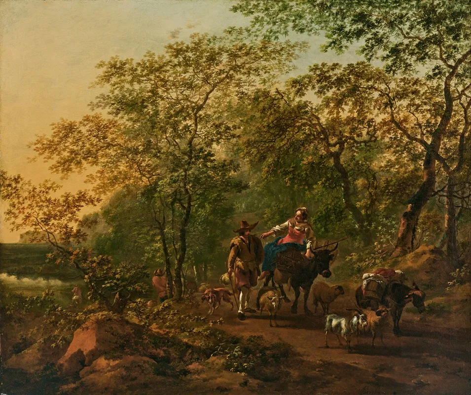 An Italianate Wooded Landscape With A Woman Riding An Ox And A Drover Beside With His Animals