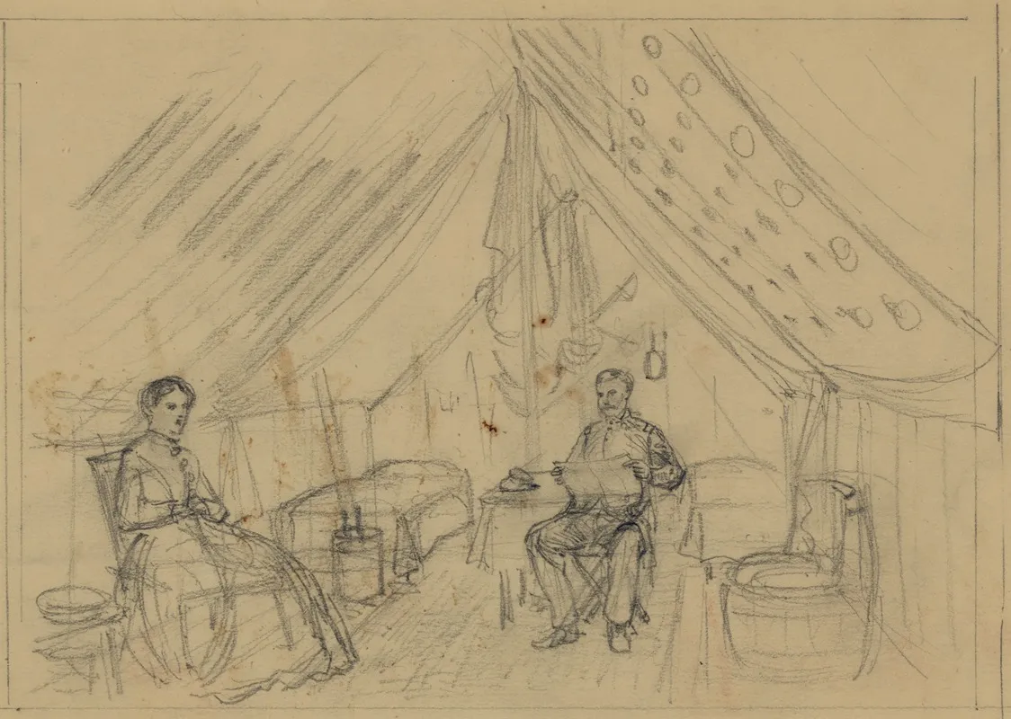 An Officer And A Woman Sitting In A Tent
