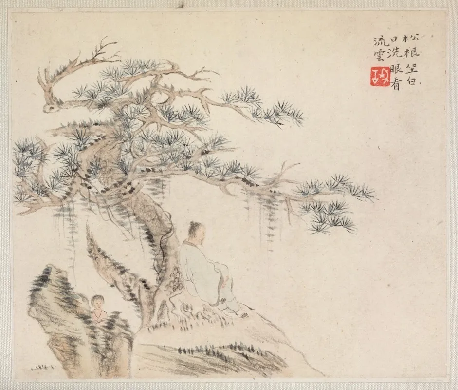 An Old Man Sits Under A Pine Tree A Boy Is Behind A Stone by Hua Yan - Canvas Print