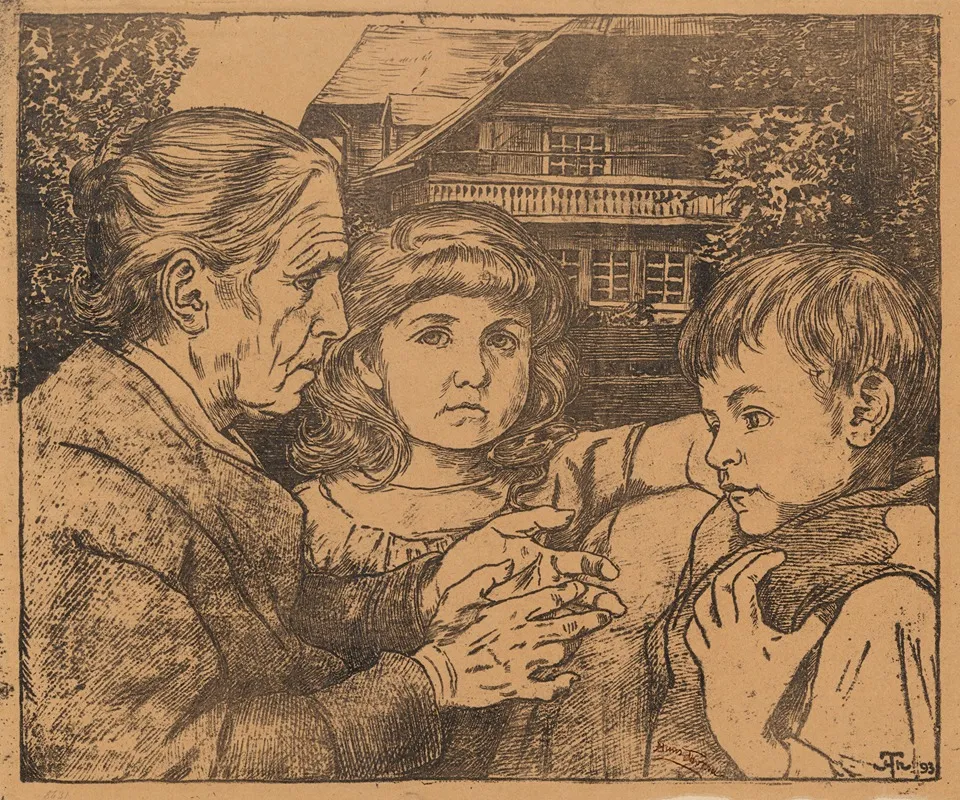 An Old Woman Telling Fairy Tales To Two Children