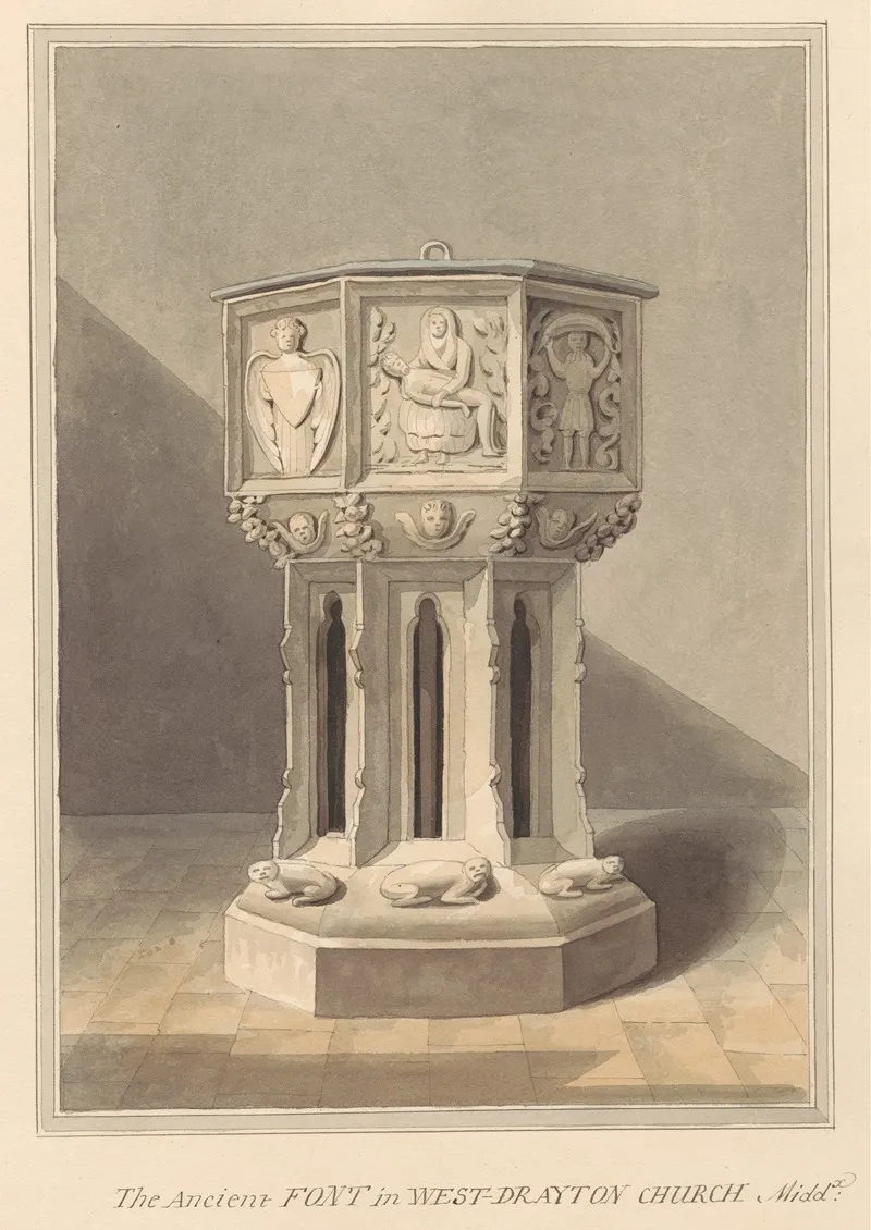 Ancient Font In West Drayton Church Middlesex by Daniel Lysons - Canvas Print