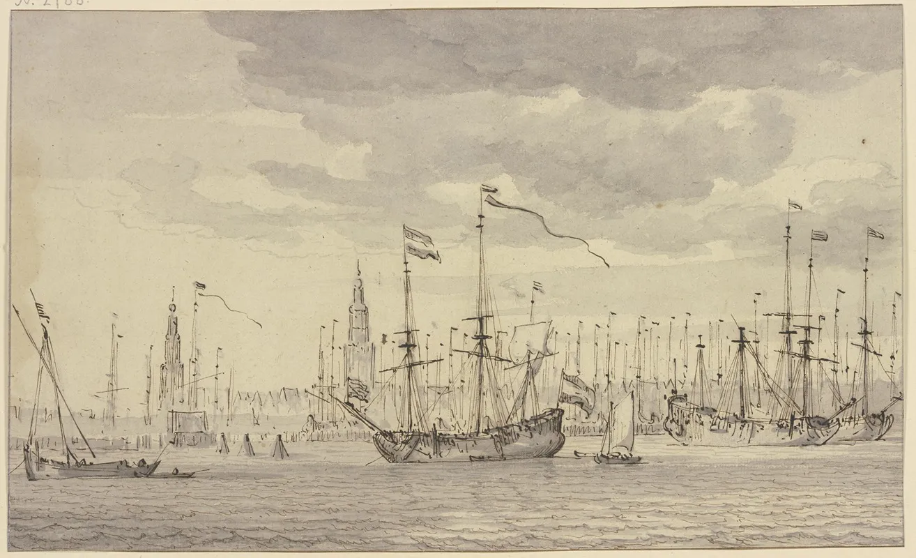 Ansicht Eines Hafens Mit Vielen Schiffen Und Einer Stadt Mit Zwei Kirchturmen Amsterdam
