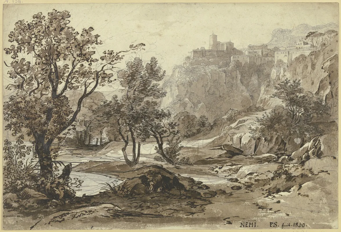 Ansicht Von Nemi Im Vordergrund Der Nemisee 2 by Friedrich Salathé - Canvas Print