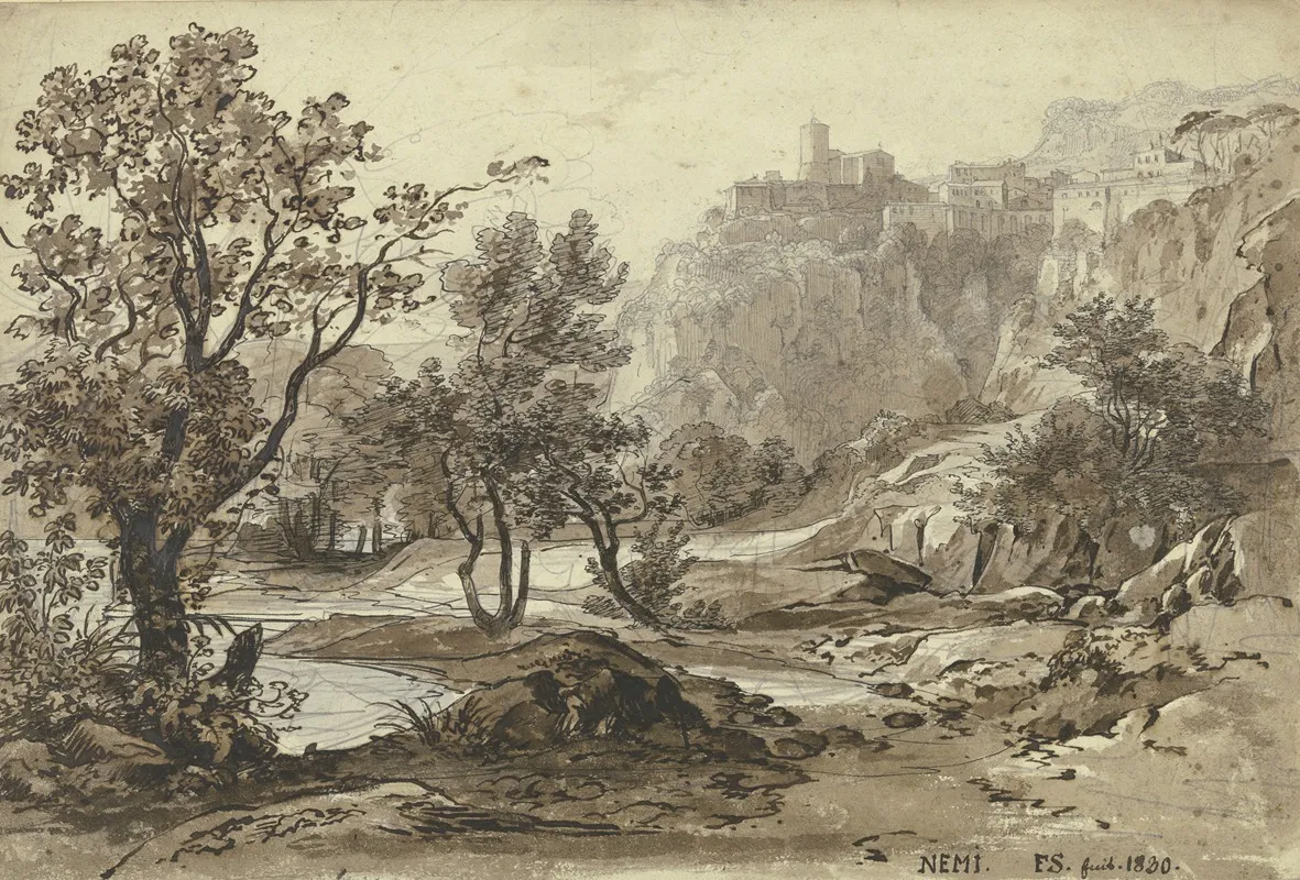 Ansicht Von Nemi Im Vordergrund Der Nemisee by Friedrich Salathé - Canvas Print
