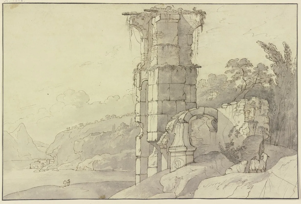 Antike Ruine An Einem Bergsee Vorne Rechts Zwei Schafe