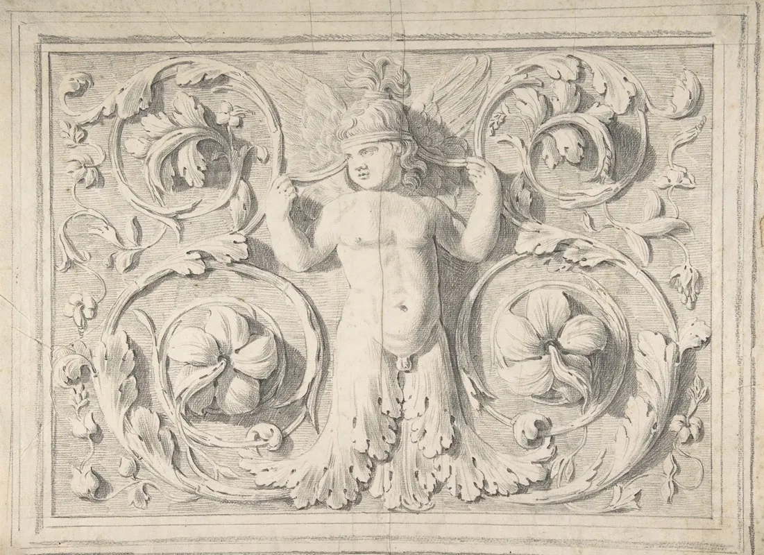 Antique Roman Sculpture With Nude Winged Boy At The Center And Leaves And Vines by Thomas Hardwick - Canvas Print