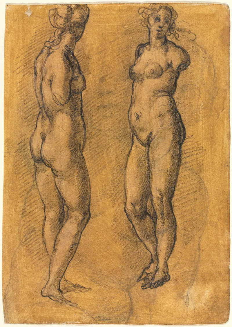 Antique Statue Of A Standing Woman Two Views Over A Sketch Of A Putto