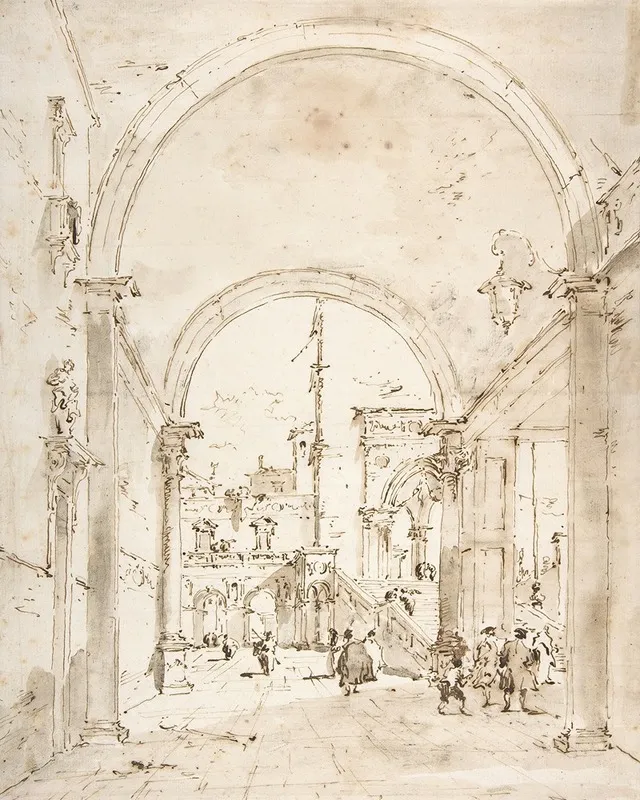 Architectural Capriccio Grand Staircase Seen Through An Archway by Francesco Guardi - Canvas Print