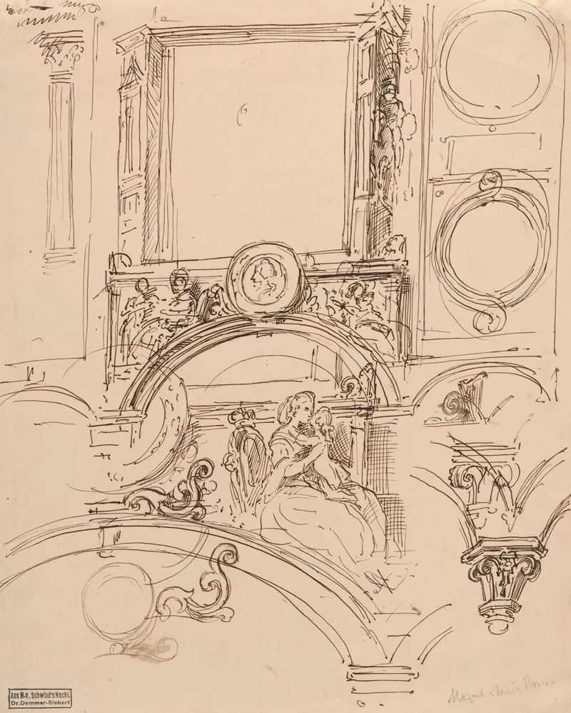 Architectural Details For A Wall Decoration With Empress Maria Theresia Embracing The Young Wolfgang Amadeus Mozart
