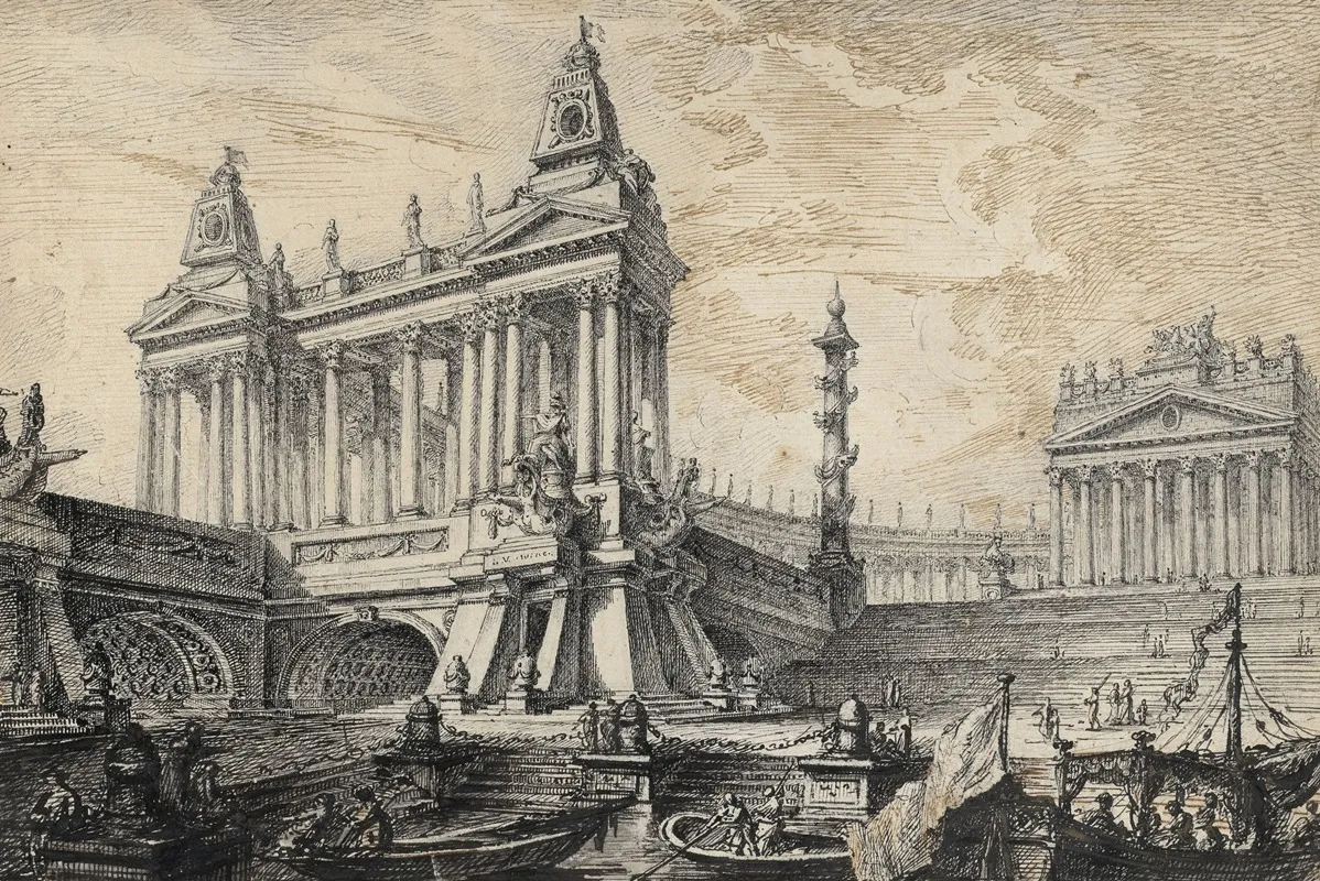 Architectural Fantasy Of A Magnificent Ancient Port by Pierre Moreau - Canvas Print