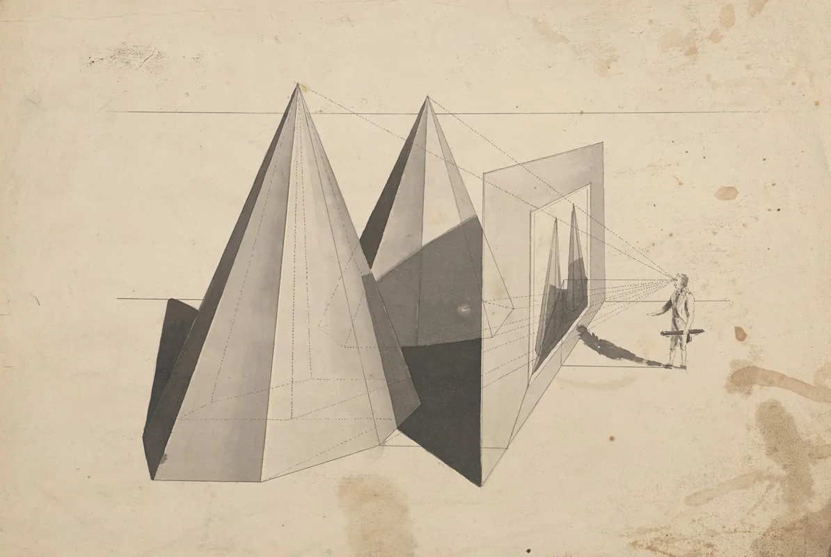 Architectural Perspective Drawing With Shapes At Left And Man Standing At Right