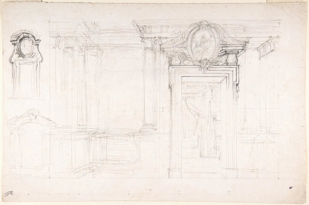 Architectural Sketch For The Design Of A Wall With Doorway With Two Smaller Sketches For The Design Of Windows Or Doorways