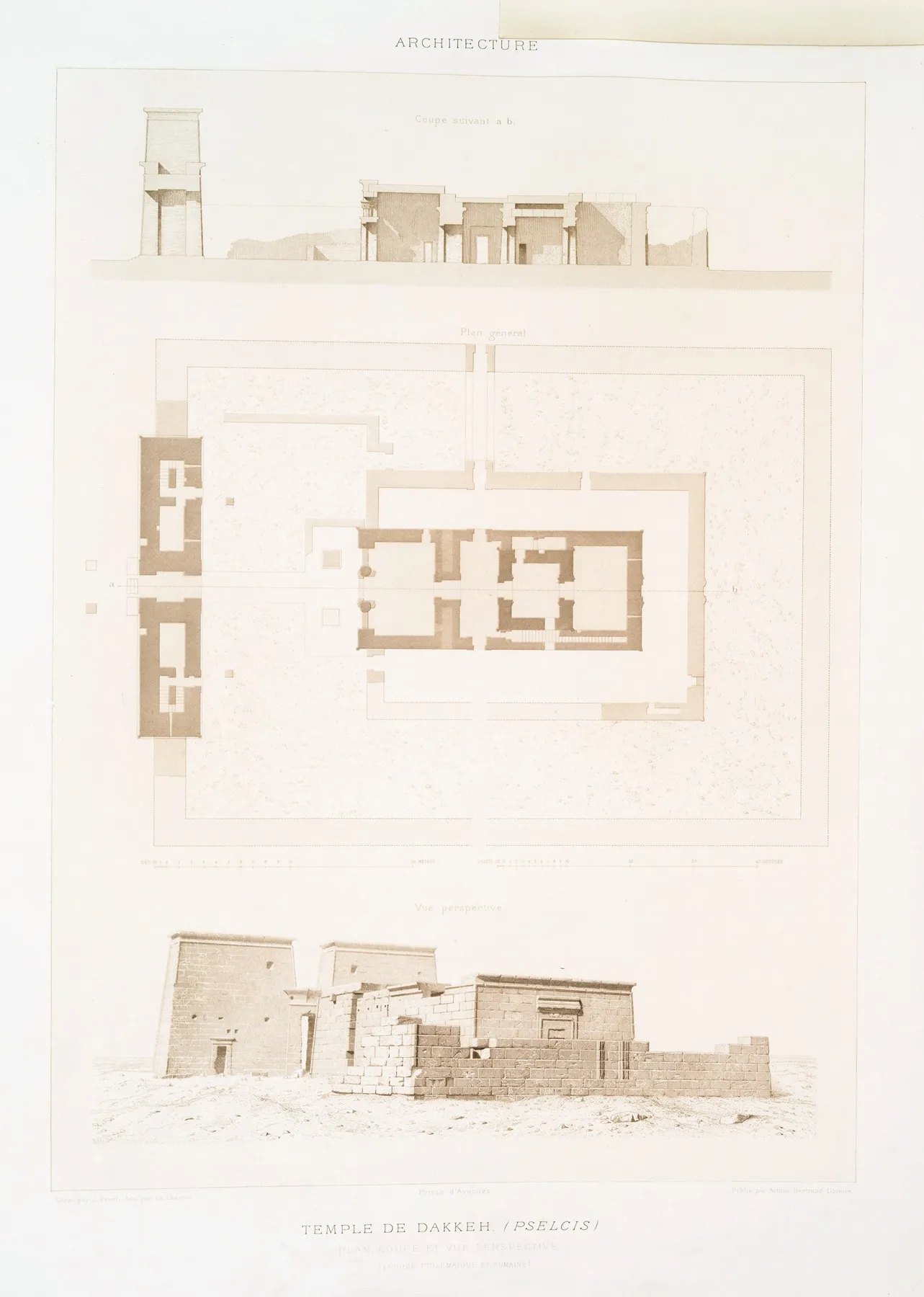 Architecture Temple De Dakkeh Pselcis Plan Coupe Et Vue Perspective Epoque Ptolemaique Et Romaine by Émile Prisse d'Avennes - Canvas Print