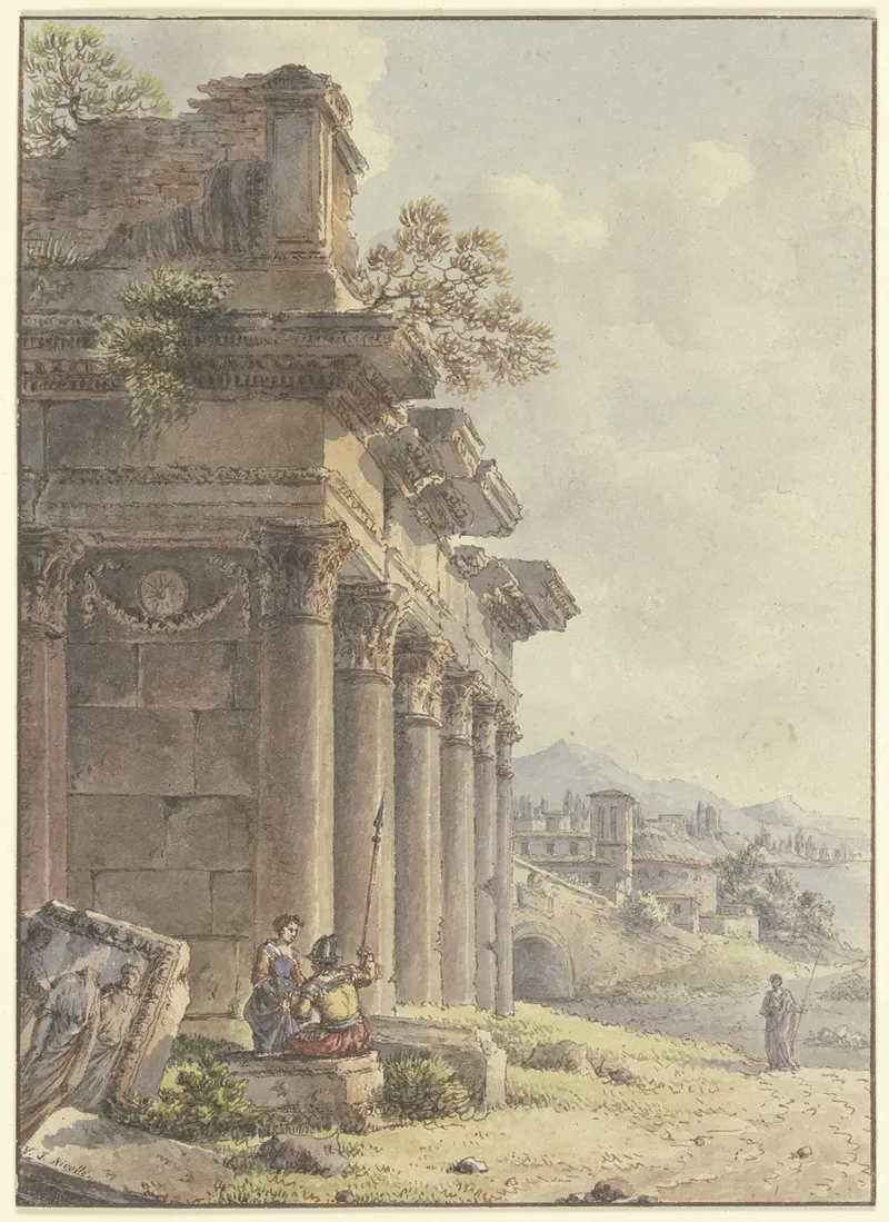 Architektonisches Capriccio Ruinen Einer Tempelfassade Im Hintergrund Landschaft Mit Gebauden Und Seebucht 2 by Victor-Jean Nicolle - Canvas Print
