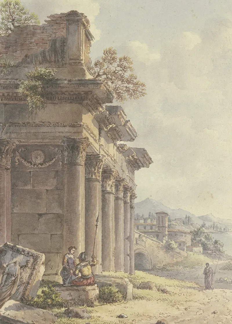 Architektonisches Capriccio Ruinen Einer Tempelfassade Im Hintergrund Landschaft Mit Gebauden Und Seebucht by Victor-Jean Nicolle - Canvas Print