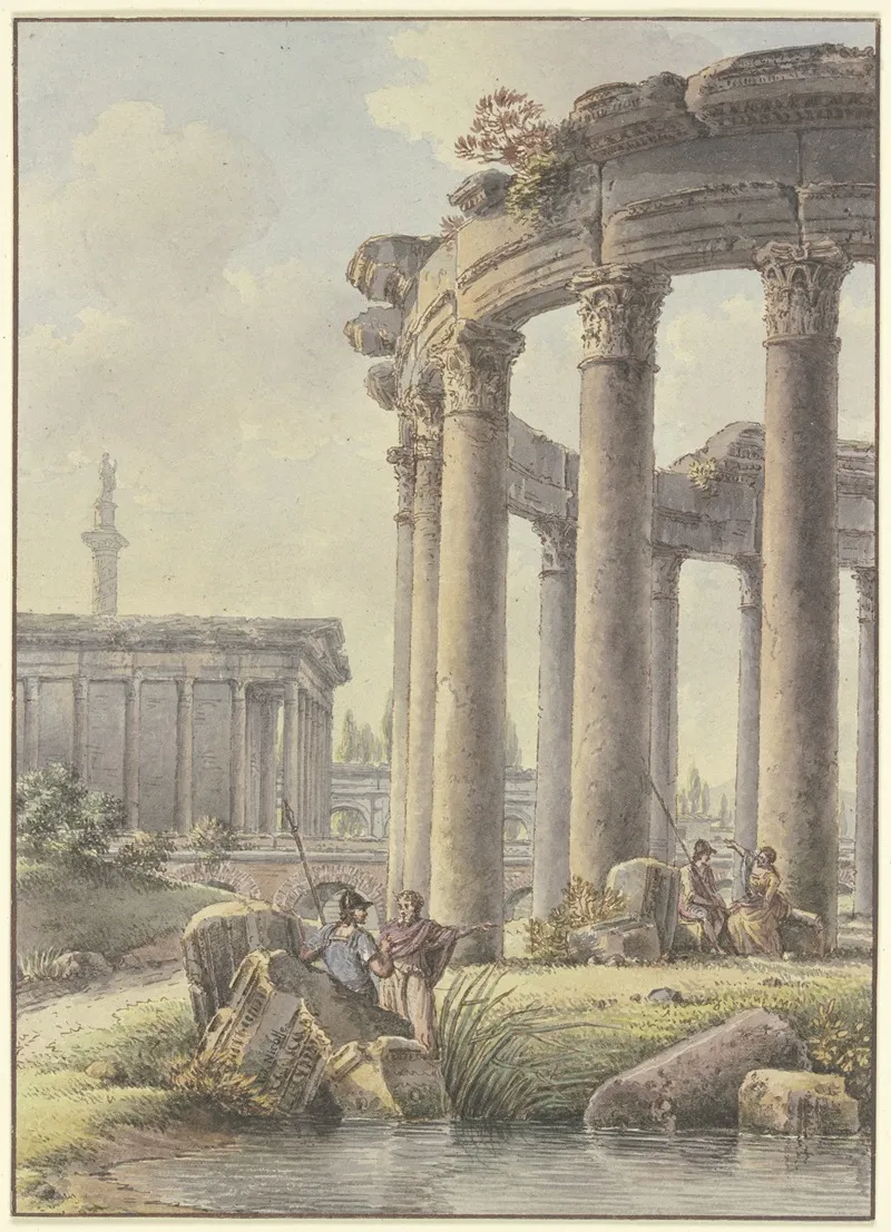 Architektonisches Capriccio Ruinen Eines Rundtempels Im Hintergrund Die Trajansaule 2 by Victor-Jean Nicolle - Canvas Print