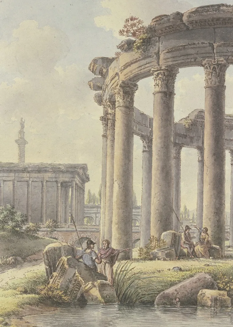 Architektonisches Capriccio Ruinen Eines Rundtempels Im Hintergrund Die Trajansaule by Victor-Jean Nicolle - Canvas Print