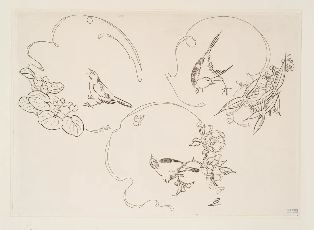 Assiette A Dessert Trois Motifs Composes Chacun Dun Ruban Dune Fleur Et Dun Oiseau 3