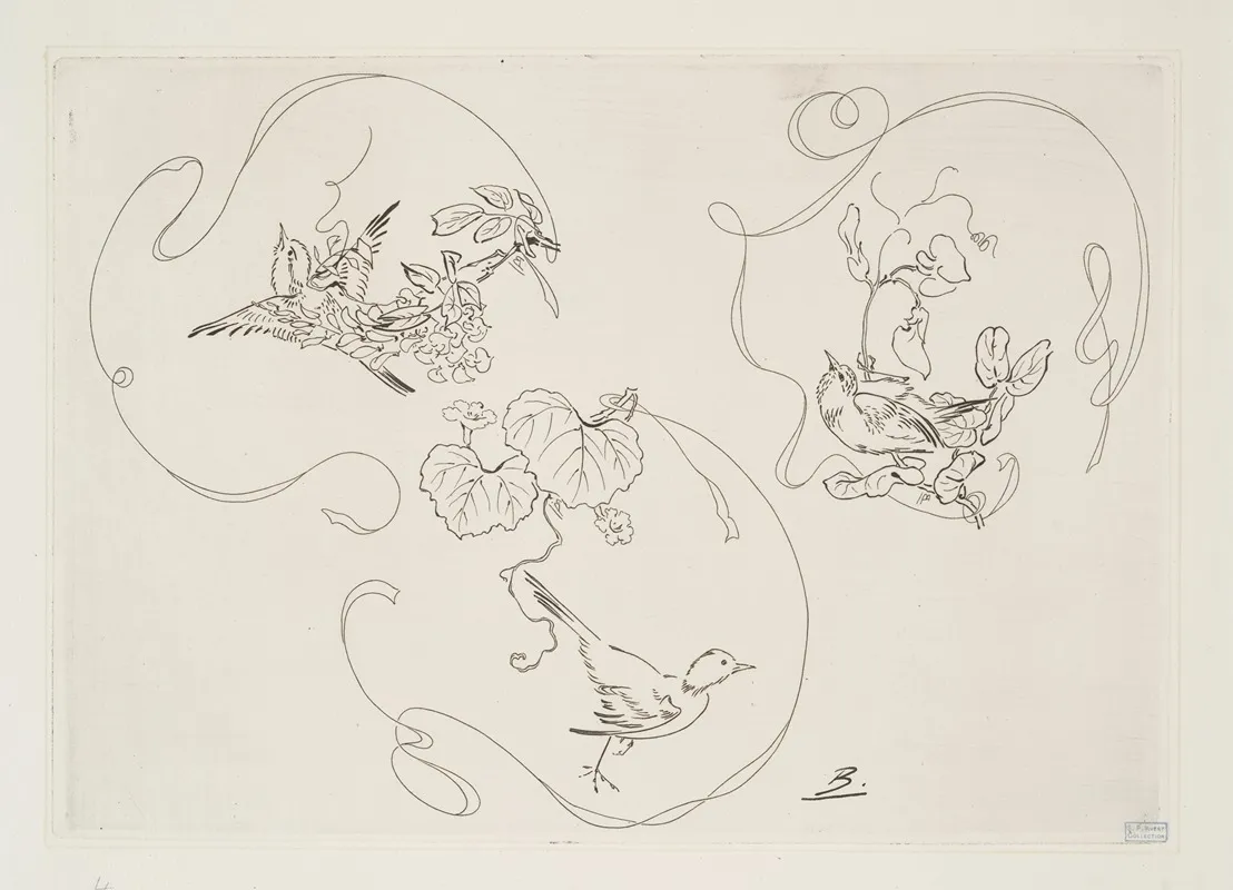 Assiette A Dessert Trois Motifs Composes Chacun Dun Ruban Dune Fleur Et Dun Oiseau 4