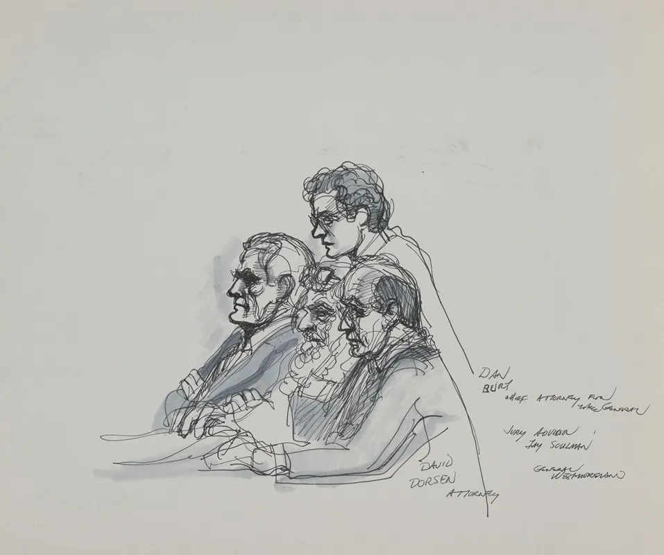 Attorneys Dan M Burt And David M Dorsen And Jury Advisor Jay Schulman With General William Westmoreland During The Westmoreland Vs Cbs Inc Trial by Joseph Papin - Canvas Print