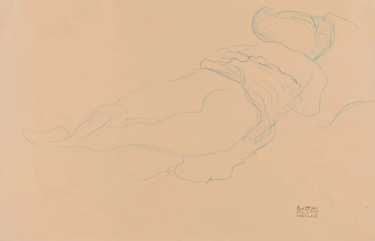 Auf Dem Bauch Liegender Halbakt Nach Rechts Semi Nude Lying On Her Stomach Turned To The Right by Gustav Klimt - Canvas Print