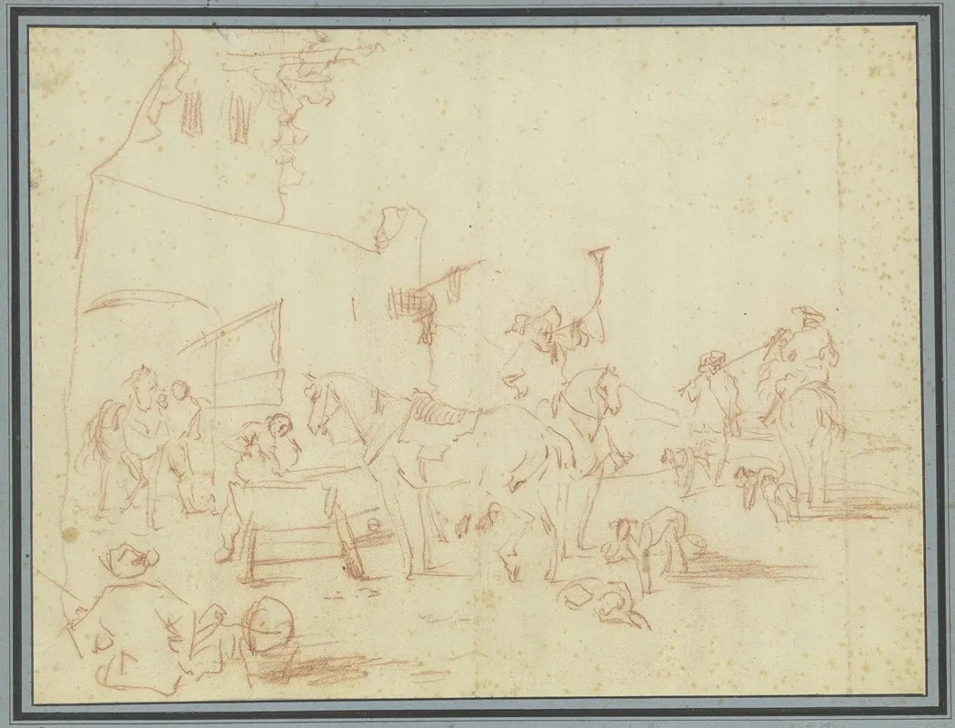 Aufbrechende Jagdgesellschaft An Einem Gehoft