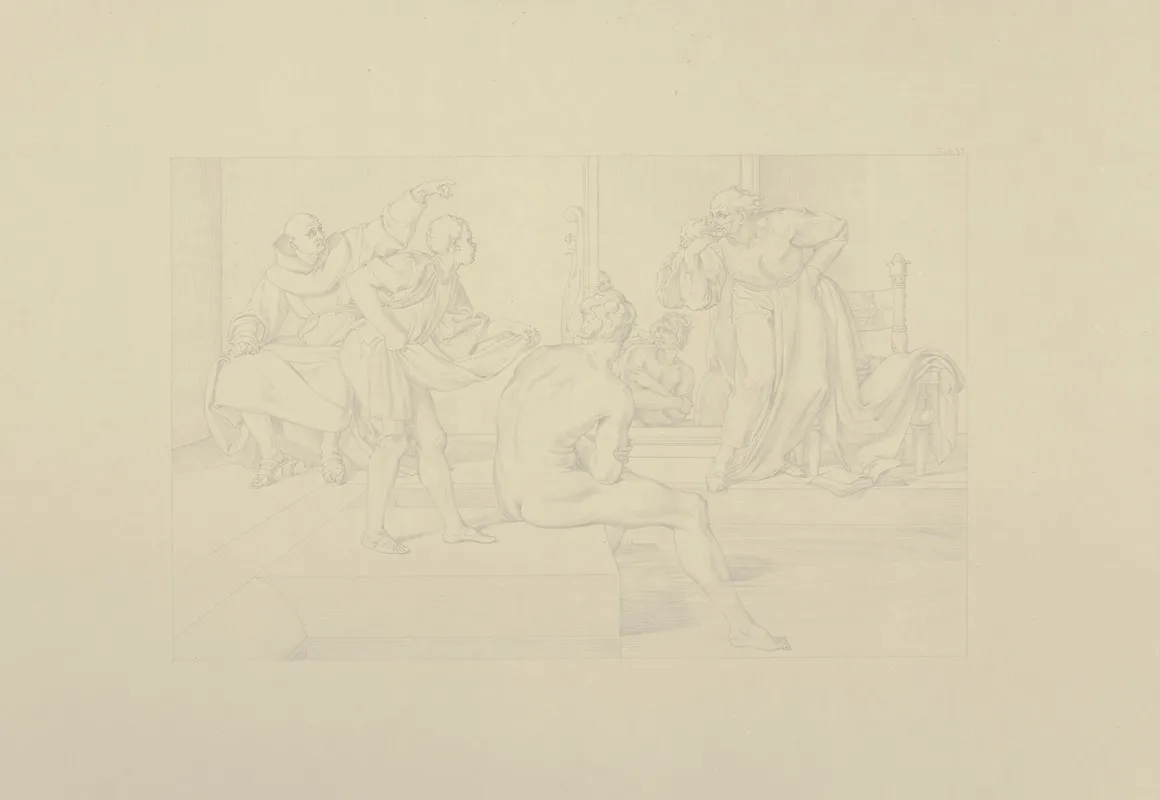 Aus Dem Leben Eines Wustlings Vi Der Wustling Im Bade Disput Zwischen Einem Monche Und Einem Philosophen by Bonaventura Genelli - Canvas Print
