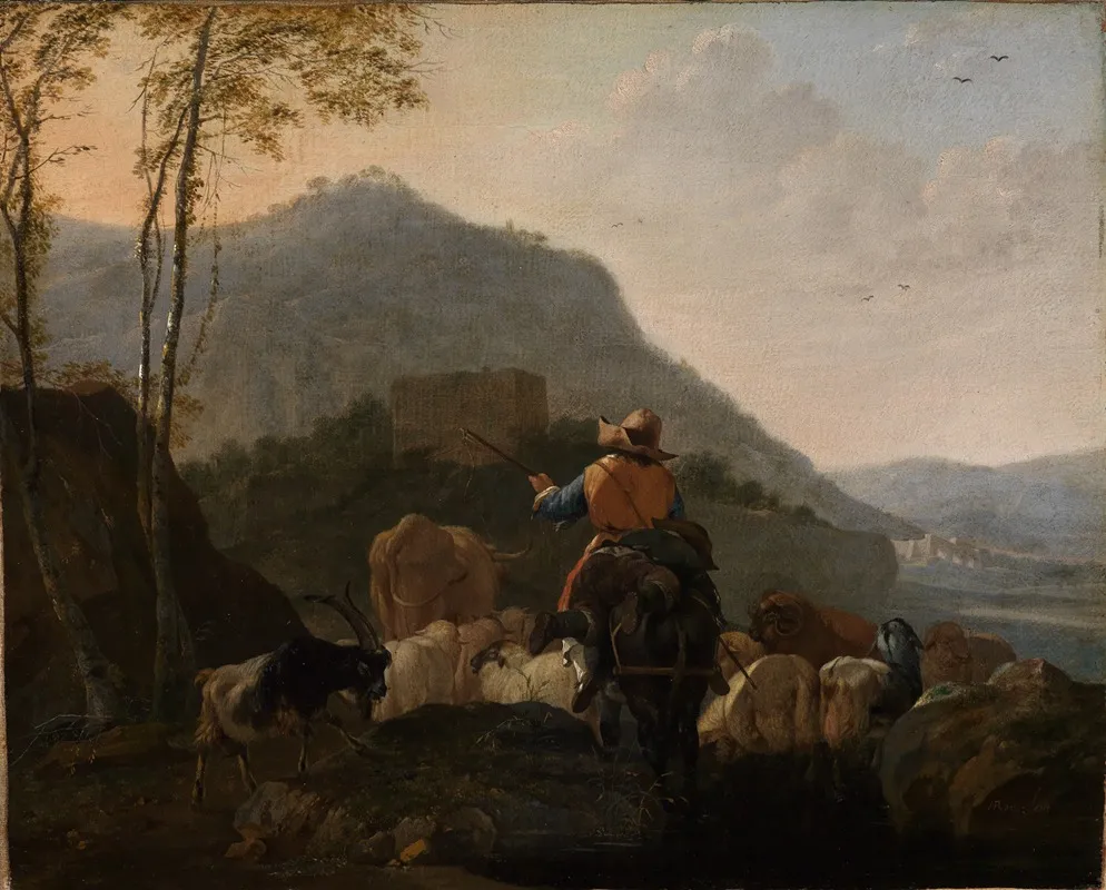 Ausziehende Hirten Mit Ihrer Herde In Sudlicher Berglandschaft