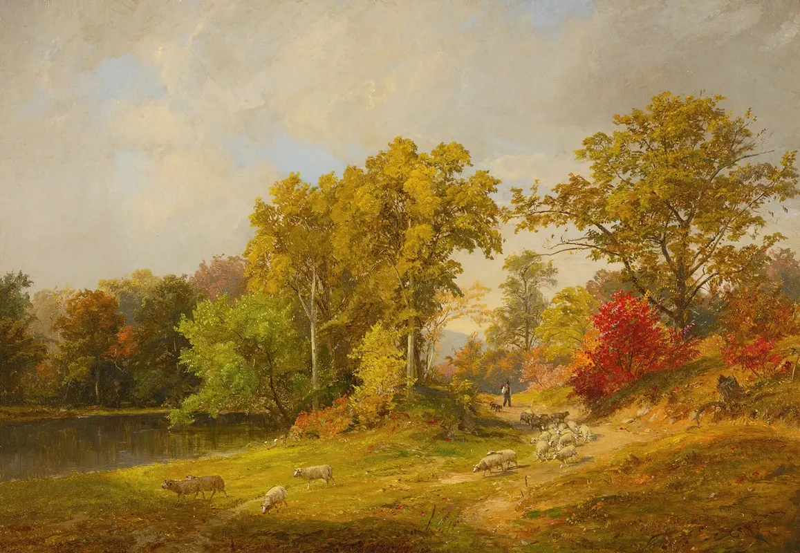 Autumn Landscape With Shepherd Dog And Sheep by Jasper Francis Cropsey - Canvas Print