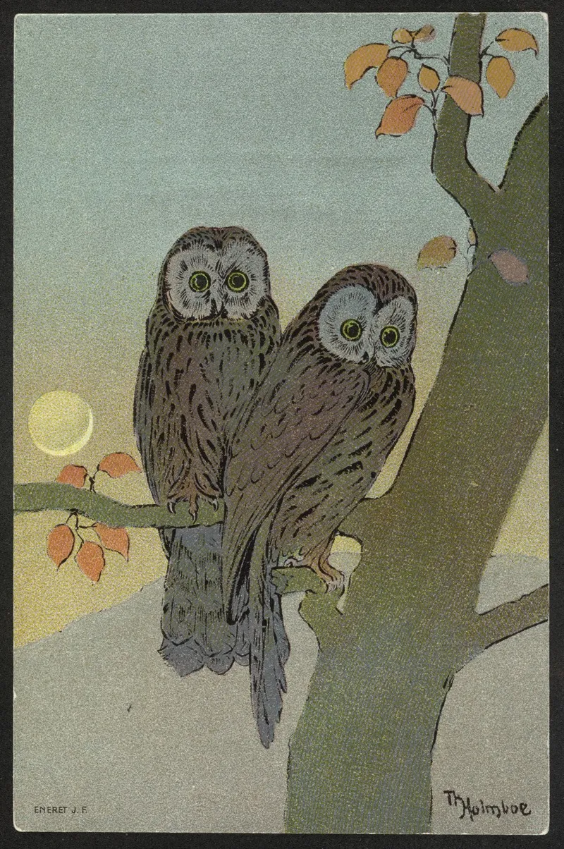 Autumn Motif With Owls by Thorolf Holmboe - Canvas Print