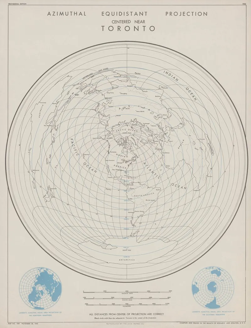 Azimuthal Equidistant Projection Centered Near Toronto by Office of Strategic Services - Canvas Print