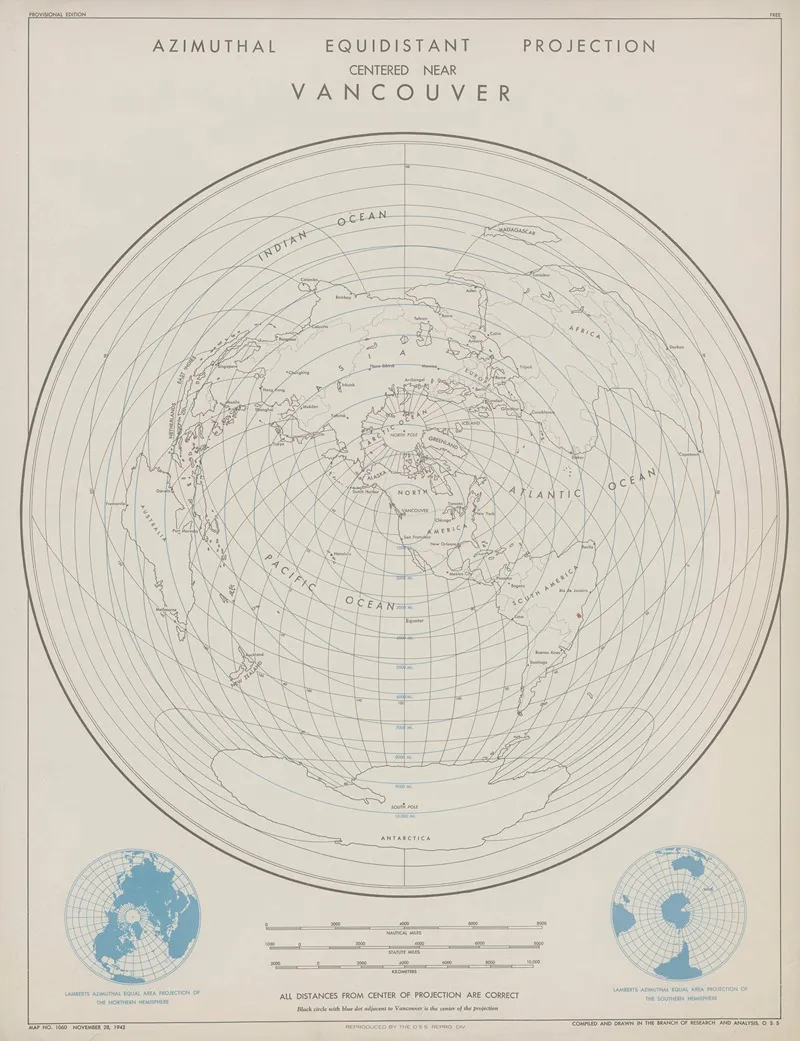 Azimuthal Equidistant Projection Centered Near Vancouver by Office of Strategic Services - Canvas Print