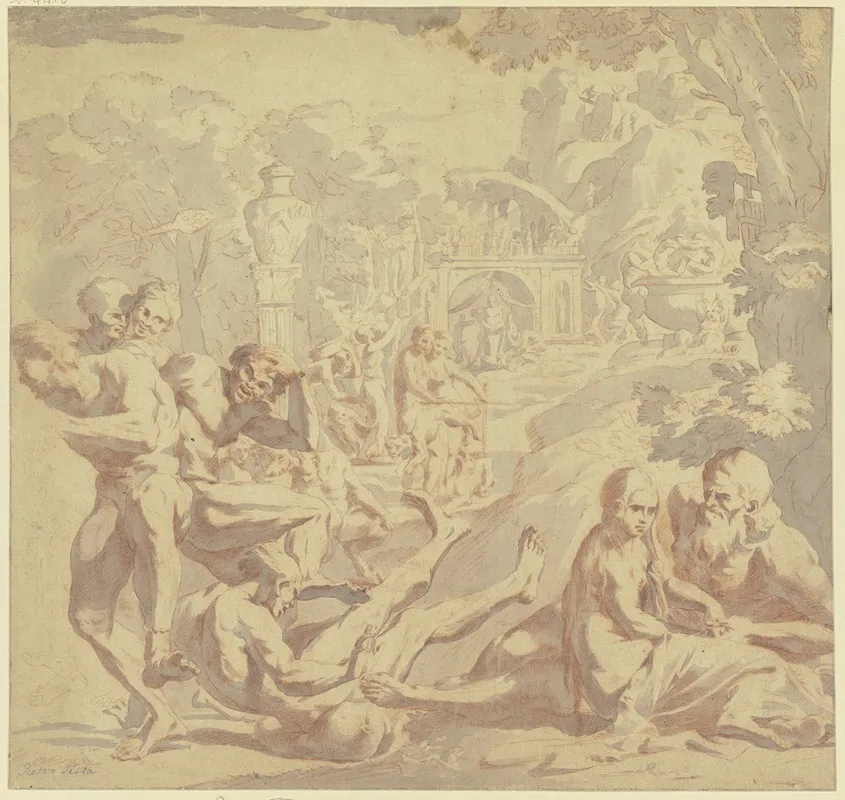 Bacchanal Rechts Liebkost Ein Alter Mann Ein Madchen Links Fallt Ein Mann Uber Einen Weinschlauch by Pietro Testa - Canvas Print