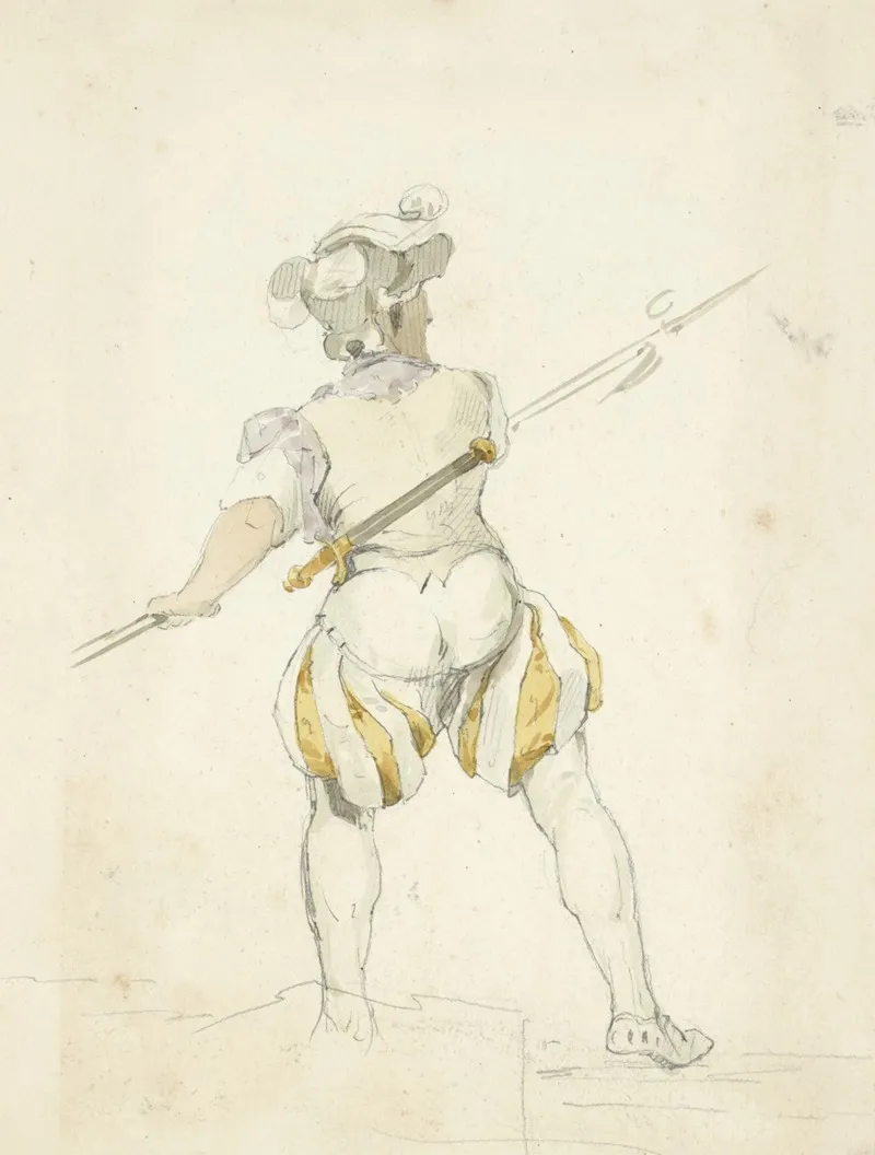 Back View Of A Man In Pantaloons Tights And Hat Drawing Back A Spear