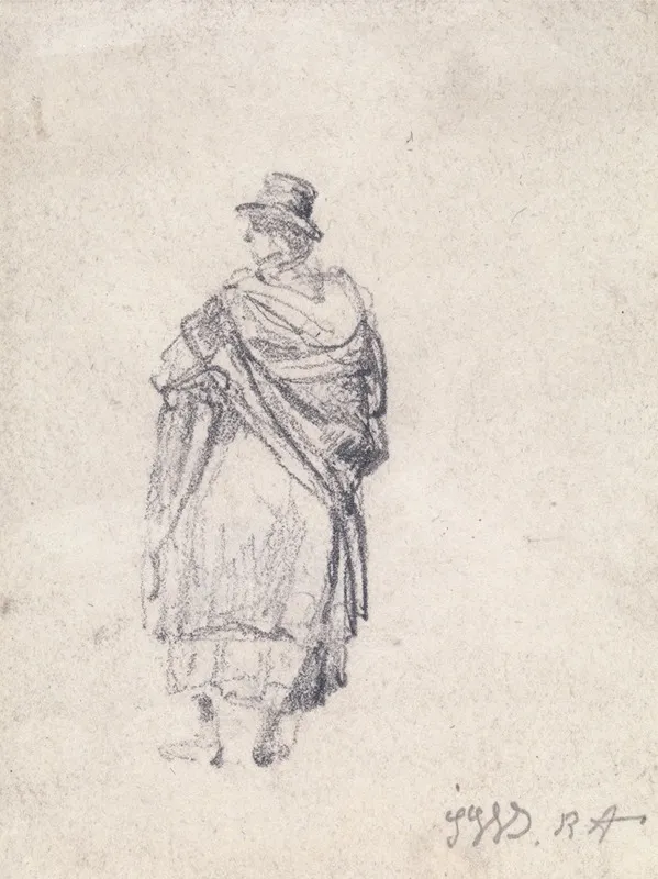 Back View Of Country Woman In Hat And Shawl